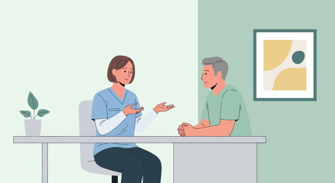 Doctor explaining medical information to patient in consultation room