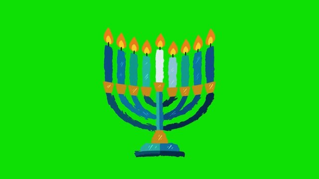 A traditional Jewish menorah with lit candles on a green background indoors