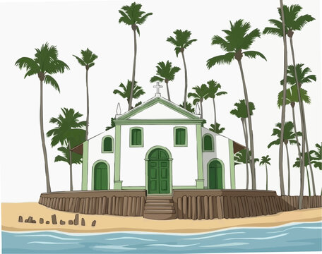 
2D illustration of the Chapel of Saint Benedict, located at the famous Praia dos Carneiros in Tamandar&eacute;, Pernambuco.