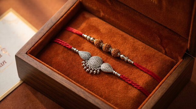 A beautifully crafted wooden box containing two traditional Rakhi bracelets, one adorned with intricate silverwork and the other with rudraksha beads, ready for Raksha Bandhan celebrations.