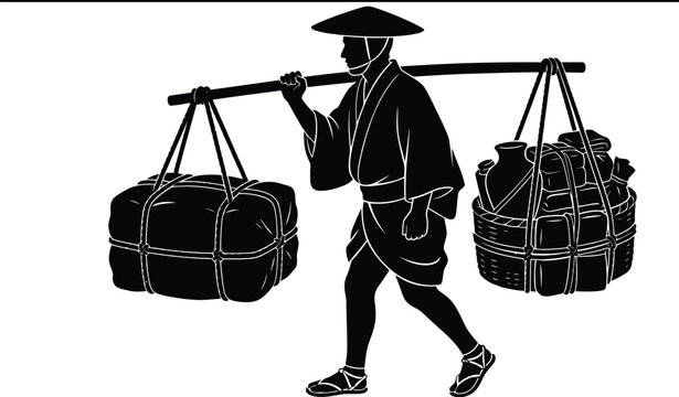 Man carrying balanced loads with shoulder pole