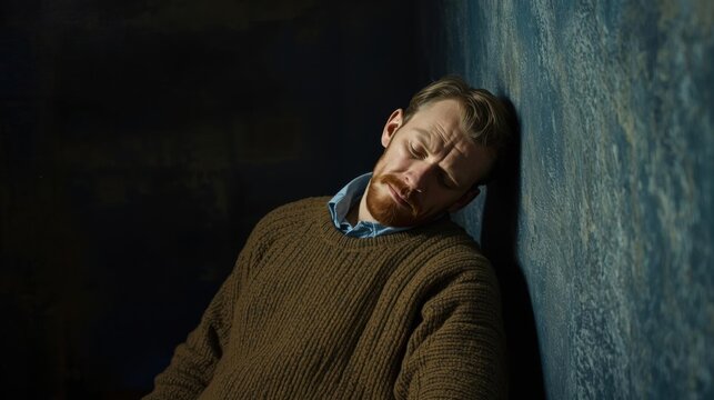 A man with a beard and brown sweater leans against a textured wall, appearing contemplative or distressed in a dimly lit setting.