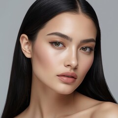 Naklejka premium Close-up portrait of a young woman with flawless skin, sleek black hair, and natural makeup against a neutral gray background.