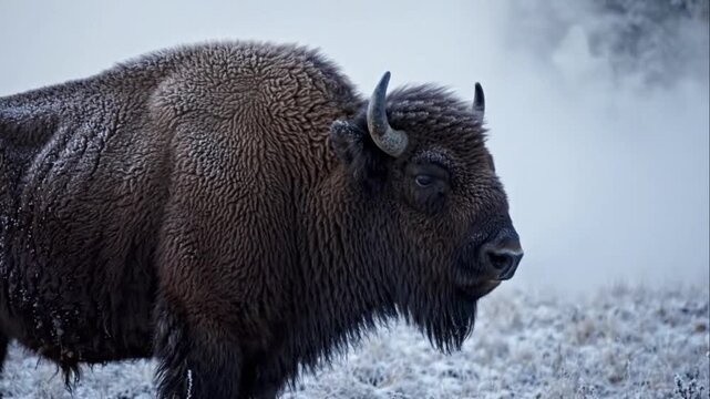 Bison standing in frosty landscape.