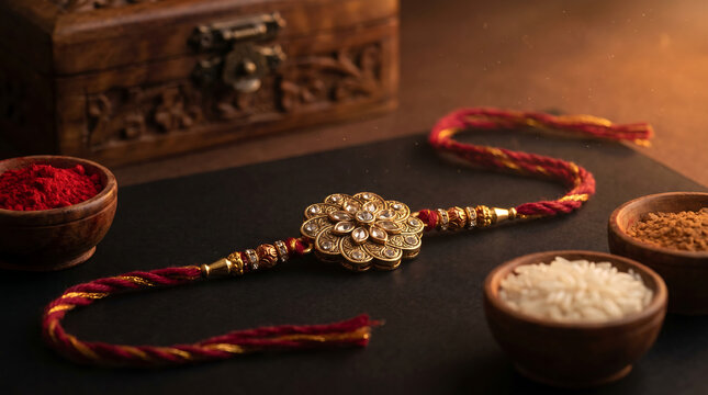 A beautifully decorated Rakhi thread with traditional elements like kumkum and rice, set against a dark background with a wooden box, symbolizing the Hindu festival of Raksha Bandhan.