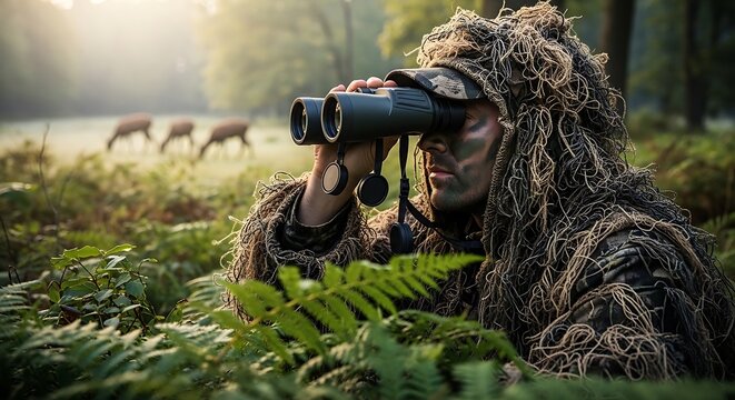 Hunter in camouflage ghillie suit uses binoculars to observe wild deer in a misty forest during the early morning light