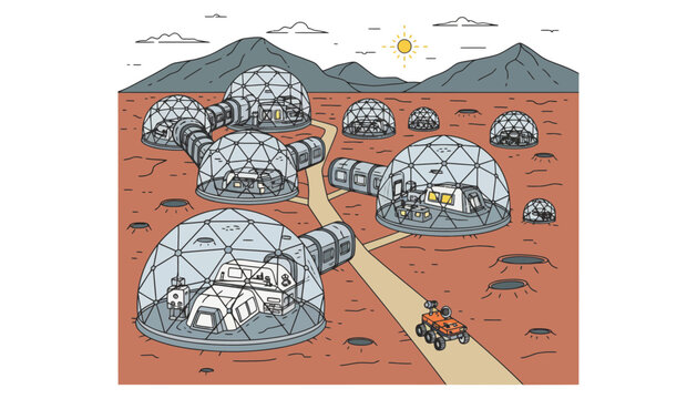 Mars colony space habitat exploration illustration