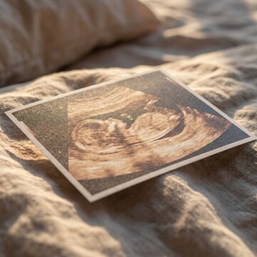 Touching ultrasound image of unborn baby resting on soft wrinkled linen bed for pregnancy announcement and maternity care concept