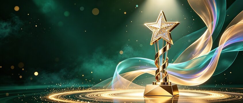 Award trophy with green ribbon background,  Ideal for award ceremony banners, corporate annual meeting posters, outstanding staff slides, championship headers and prize event graphic templates.