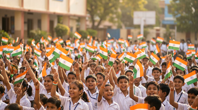 Happy Indian schoolchildren in uniform waving national flags during a patriotic event outdoors.
