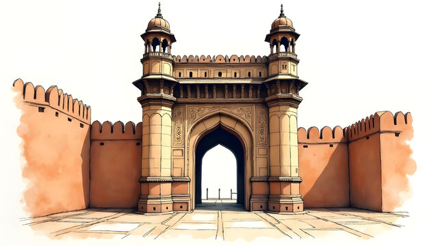 Hand Drawn Artistic Ink and Watercolor Illustration of Majevadi Gate in Junagadh India