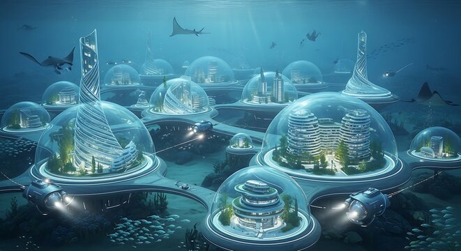 Underwater city architecture featuring futuristic glass domes and skyscrapers connected by platforms in a deep blue glowing ocean environment setting