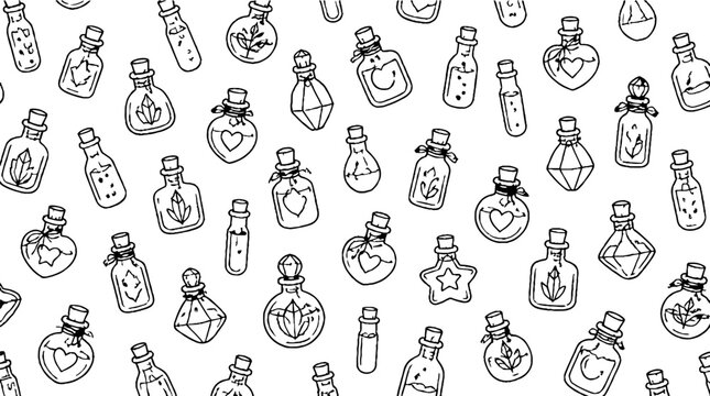 Assorted vintage potion bottles with unique designs.