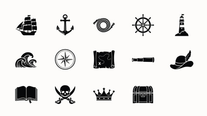 Navigation and pirate themed icon collection with fifteen solid black vector illustrations. © Mausumi