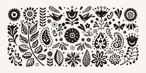 Scandinavian floral ornament pattern with stylized leaves flowers and bird shapes in black ink foliage © Bebdas
