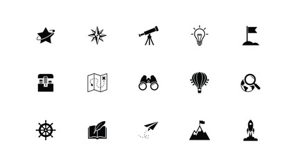 Naklejka premium Set of black icons representing adventure and exploration for travel and creative concepts.