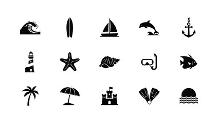 Beach and ocean icons with wave surfboard sailboat dolphin anchor lighthouse starfish. © Mausumi