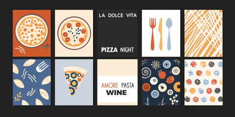 Obraz premium Italian Cuisine Themed Vector Illustrations Including Pizza Pasta And Utensils food spaghetti fork knife spoon