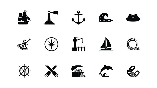 Nautical symbols silhouette icons vector ship lighthouse anchor wave hat.