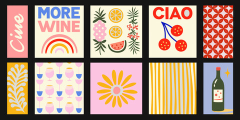 Retro style vector illustrations of fruit wine glasses and geometric patterns on colored backgrounds vintage © Bebdas