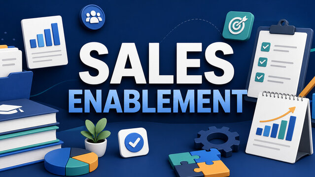 3D business concept image with sales enablement text, charts, checklist, goals, documents, and growth icons on a dark blue background.