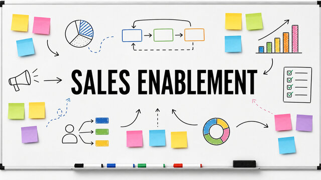Whiteboard illustration with sales enablement text, sticky notes, charts, arrows, checklist, and workflow diagrams for business planning.