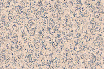 Seamless background, pattern with detailed, hand drawn ship, anchors and leafy, plant branches on, a light beige, texture for nautical, fabric print © Pinky