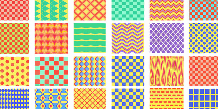 Geometric pattern collection with colorful squares diamonds and wavy lines on a white background designs