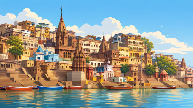 Varanasi ghats, colorful vector riverside architecture