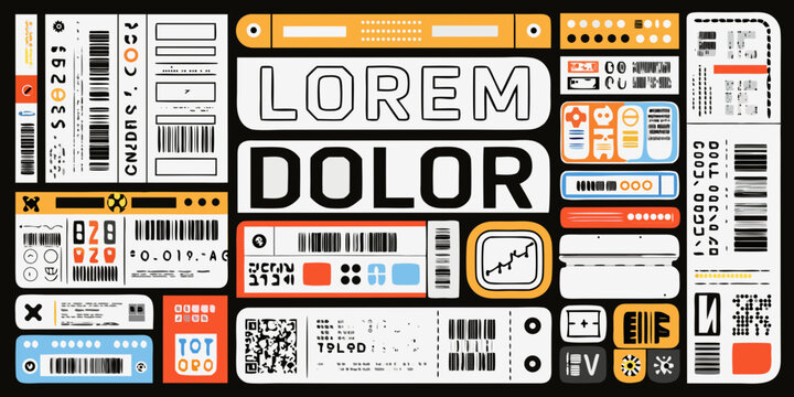 Assorted Retro Futuristic Shipping Label Stickers And Elements Vector Illustration adhesive barcode box sticker branding