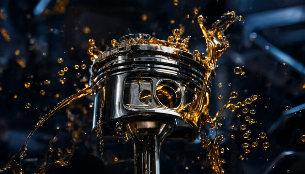 Closeup of a metallic engine piston splashing with golden motor oil