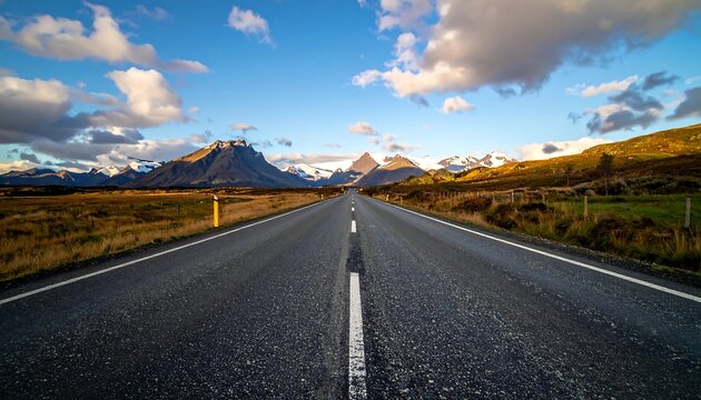 A vast, straight road stretches toward distant, jagged mountain peaks under a bright, partly cloudy blue sky. Rolling hills flank the asphalt