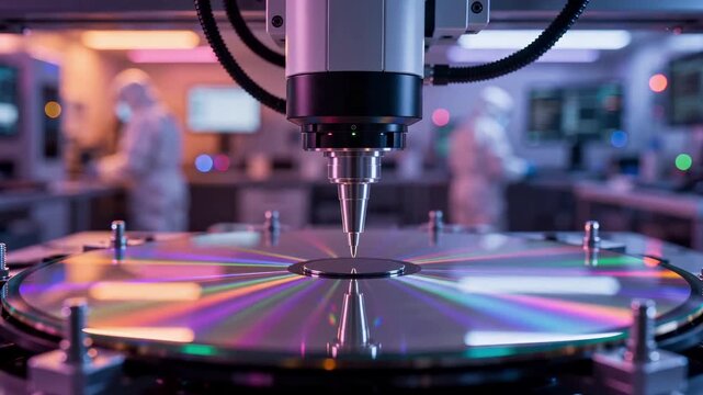 Semiconductor wafer fabrication inside advanced cleanroom facility. Precision machine equipment processes a silicon microchip for electronics manufacturing. Innovation in microelectronics,