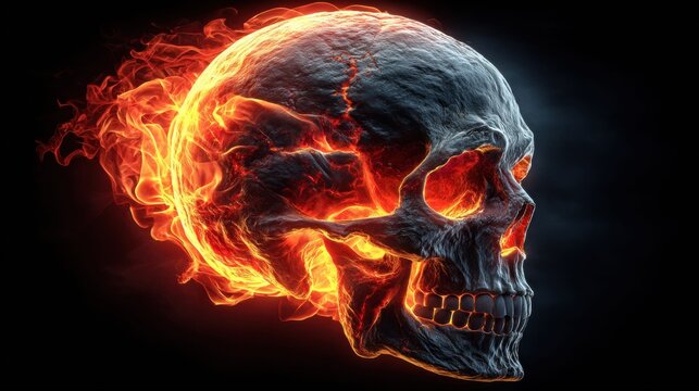 A flaming skull erupts with intense heat and fiery energy against a black backdrop.
