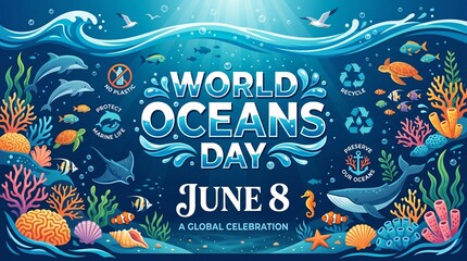 World Oceans Day June 8 vibrant underwater banner, Ocean Day June 8 colorful marine poster design, World Ocean Day colorful June 8 marine banner art