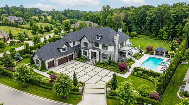 A large luxury residential mansion featuring stone exterior walls with dark shingled roofs and a wide concrete driveway captured from a high angle drone perspective.