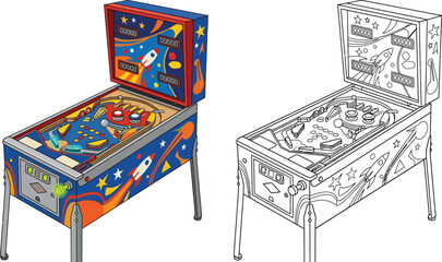 Retro pinball machine illustration with space theme colorful vector art and outline drawing for game design and entertainment concepts © Naveed