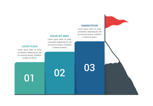 Three vertical blocks arranged as rising stairs leading toward a mountain peak with a flag representing a step sequence infographic template for goal achievement and progress tracking