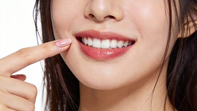 Closeup of beautiful woman pointing at perfect white teeth, healthy smile concept, dental care hygiene, orthodontics treatment result, cosmetic dentistry, bright shiny enamel