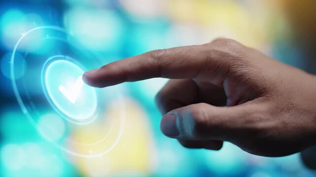 Finger touching a glowing checkmark button on a virtual interface to confirm and approve a successful action. Quality verification and validation with a digital tick for security access and online