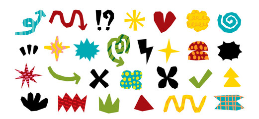 Paper cut shapes and symbols elements set, Handcrafted abstract paper cut design elements, arrows, stars, and doodles vector illustration for decoration, poster, banner, print © Tanatphong