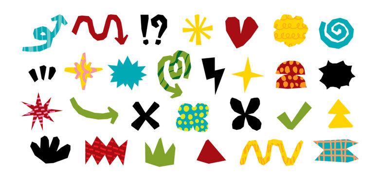 Paper cut shapes and symbols elements set, Handcrafted abstract paper cut design elements, arrows, stars, and doodles vector illustration for decoration, poster, banner, print