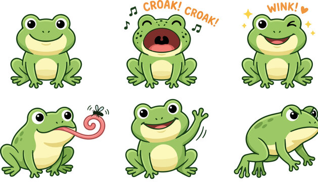 Cute green frog vector character set with various funny facial expressions