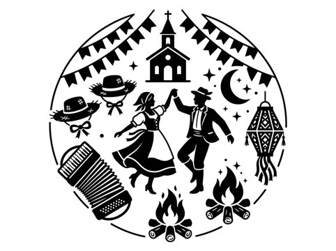 Festa Junina Silhouette Vector Brazilian Folk Festival Design with Dancing Couple and Traditional Elements
