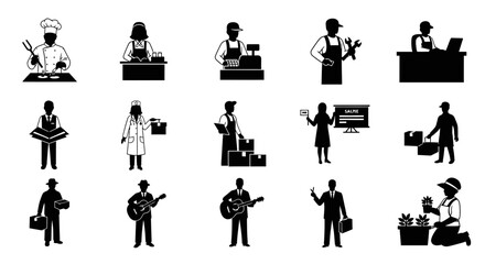 Obraz premium Set of Diverse Profession Icons Featuring People in Various Roles and Occupations, Including Chef, Cashier, Mechanic, Teacher, Musician, and Professional Worker Icons