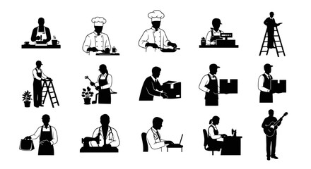Obraz premium Diverse Professional Occupations Silhouette Collection Chefs, Doctors, Builders, Office Workers, And Musicians Representing Various Careers