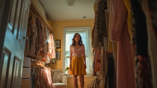 Young Woman Choosing Clothes While Looking at Herself in a Mirror


