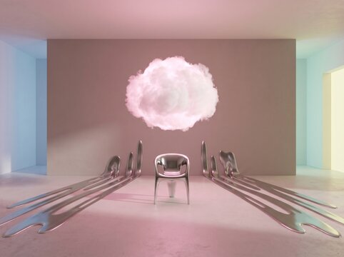 Surreal metallic chair with melting forms and floating pink cloud in minimalist room, creative interior design concept