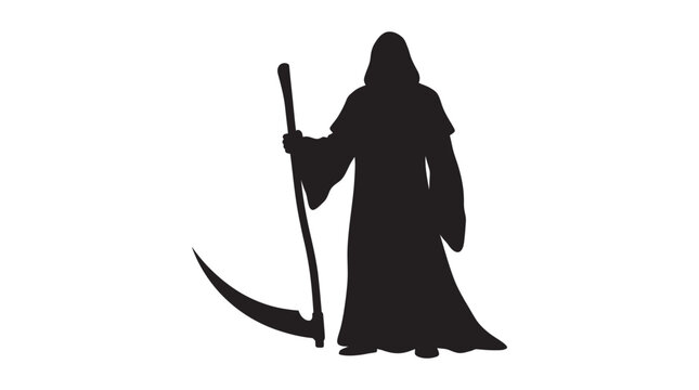 Grim reaper with scythe dark figure against a white background silhouette