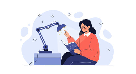 Fototapeta premium Young woman reading a book under a desk lamp, illustration of learning and concentration